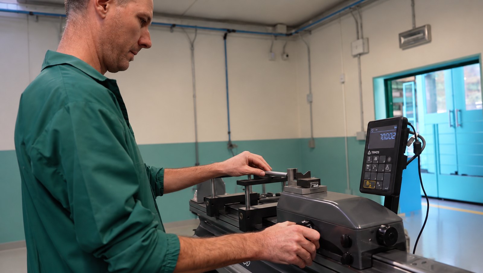 Operatore che regola il carrello del banco TRIMOS, con la misura sul display digitale